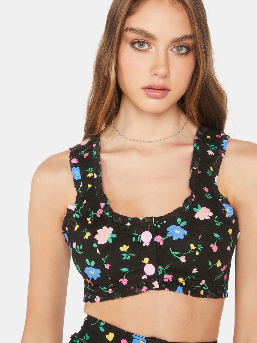 For Love And Lemons Black Floral Ruffled Crop Tank with Pink & Blue Flowers